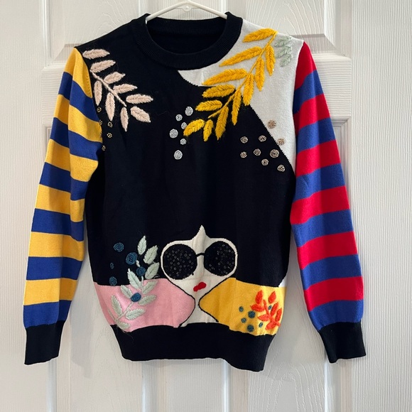 Striped Sleeve Embroidery Beaded Knit Sweater Size Small - Picture 1 of 5